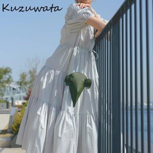 Kuzuwata O Neck Pullover Puff Short Sleeve Dress Women High Waist Hip A Line Long Slim Vestidos Summer 2021 New Pleat Robe