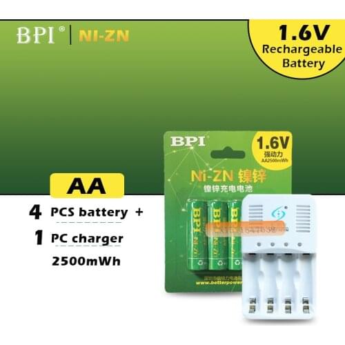 4Pcs NiZn Ni-Zn 1.6V AA 2500mWh Rechargeable Battery + NiZn smart Charger