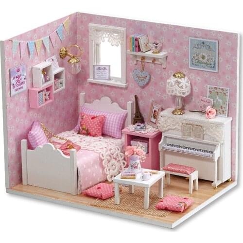 Diy Wooden Miniature Doll House pink cuye room Furniture Toy Miniatura Building Model Furniture Model For child Toys