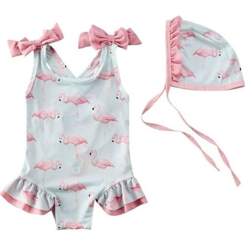 1-6T Toddler Kids Baby Girl Flamingo Romper Tops Hat Outfit Sunsuit 2pcs Casual Clothes Set Summer Set Swimwear Bikini Set