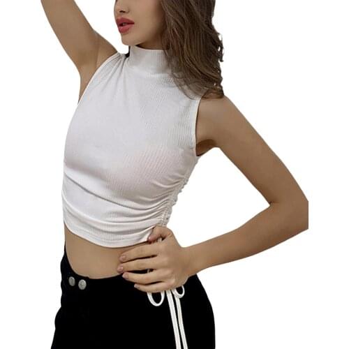 Women Sleeveless Crop Tops Casual Drawstring Ruched Mock Neck Rib Knitting Tank Tops