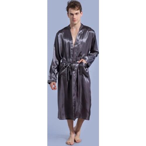 Luxury plus size Silk-like Bathrobes Men long sleeve faux silk sleepwear male satin robe long solid color