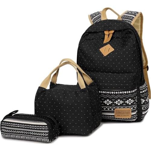 Canvas Backpack 3 Pcs/set Women School Backpacks Dot Print Schoolbag For Teenages Girls Student Book Bags Travel Mochila Daypack