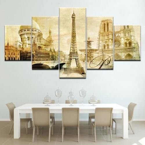Canvas Wall Art Pictures Frame Home Decor 5 Pieces Beautiful Paris Tower Notre Dame Cathedral Abstract Painting HD Prints Poster