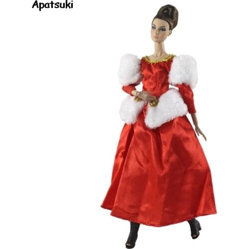 Red O-Neck Rabbit Fur Wedding Dress Clothing for Barbie Dolls Formal Host Party Dress for 1/6 BJD Doll Clothes Dollhouse Kid Toy