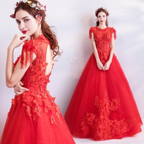 Red 3D Floral Applique 2019 Jewel Neck Princess Wedding Dress Cap Sleeves Floor Length Wedding Gowns Retro Lotus Bridal Dress