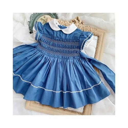 Summer Girls Baby Doll Vintage New Blue Dress for 1 2 3 Years vestidos smocking short-sleeved Princess Bow vestido Dress