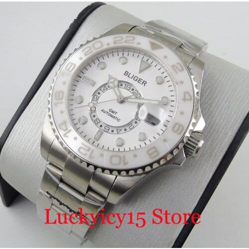 BLIGER White Dial GMT Function Stainless Steel Automatic 43mm Men Watch MINGZHU 5833 Movement Date Window Sapphire Glass