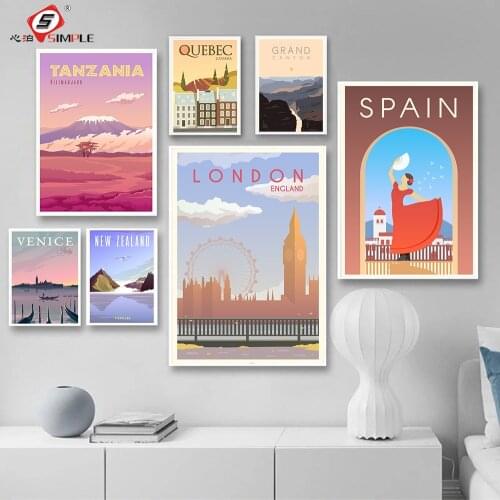 Nordic Vintage Travel Cities Wall Art Poster Spain Quebec Tanzania Venice New ZeaLand Landscape Canvas Painting Framed Pictures