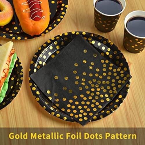 NHBR Disposable Black and Gold Party Supplies Paper Plate and Napkin Cup Set for Birthday Party Graduation Wedding Engagement