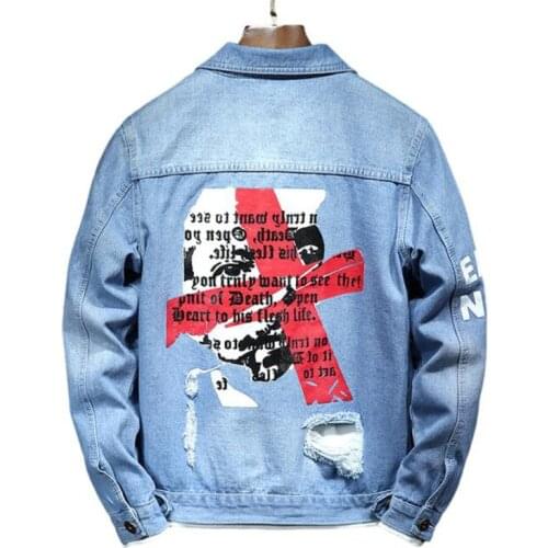 New ripped denim jacket men spring autumn fashion print Jeans Coats Stretch Cotton Soft Outerwear Streetwear Casual Loose Cloth