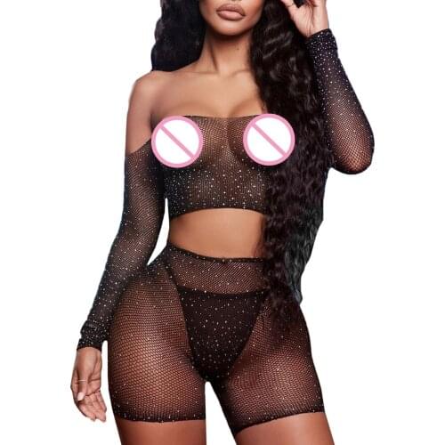 Porn Lingerie Women New Sexy Mesh Lace Sheer Rhinestone Top shorts See-through Fishnet Lingerie Set комплект нижнего белья g4