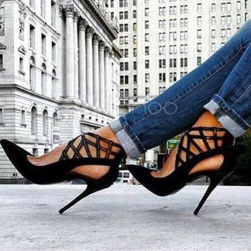 Sexy Black Suede Pointy Toe Pumps Stiletto Heels 12CM Cut-outs Patchwork Banquet Dress Shoes Shallow Women Party Shoes