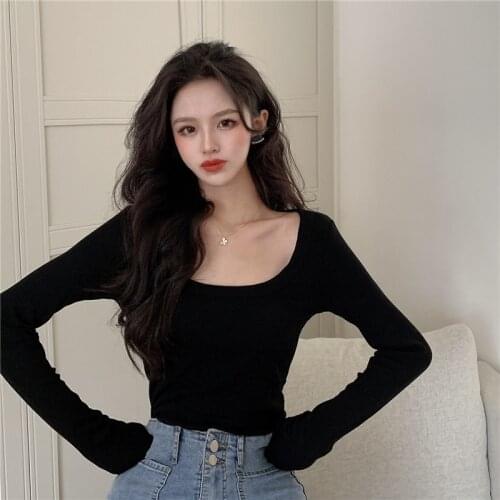 Sexy Exposed Clavicle Top Versatile Spring Dress New Net Red Chest Bottom Shirt Womens Long Sleeve Slim Base All-Match T-Shirt