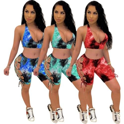 Adogirl Tie Dye Print Tracksuit Women Sleeveless Halter Crop Top And Criss-cross Lace Up Shorts Two Piece Set Casual Outfits