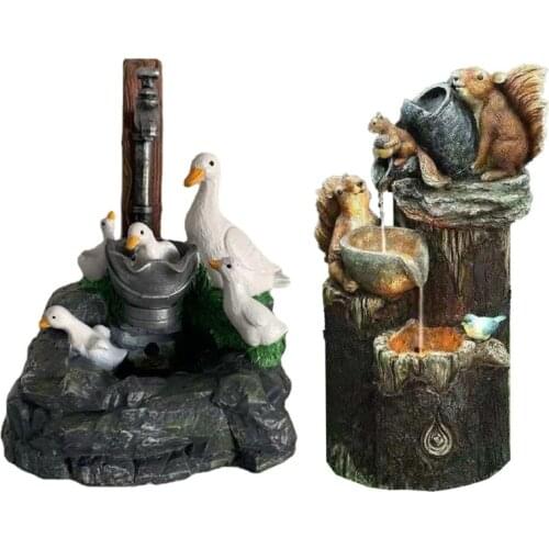 Animal Squirrel Duck Garden Statue with Solar Lights Waterfall Fountain Resin Figurine Ornament Outdoor Decorations