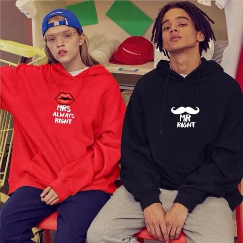 Lover Couple Hoodies Mr Right Mrs Always Right Matching Sweatshirts for Women Men Kpop Autumn Cotton Jumper Outwear Female Tops