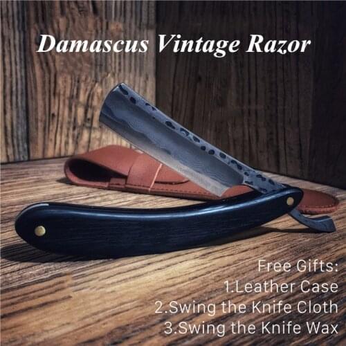 High Quality Damascus Razor Kit Indian Light Sandalwood Handle With Free Leather Case Sharpening Cloth And Sharpening Wax G0122