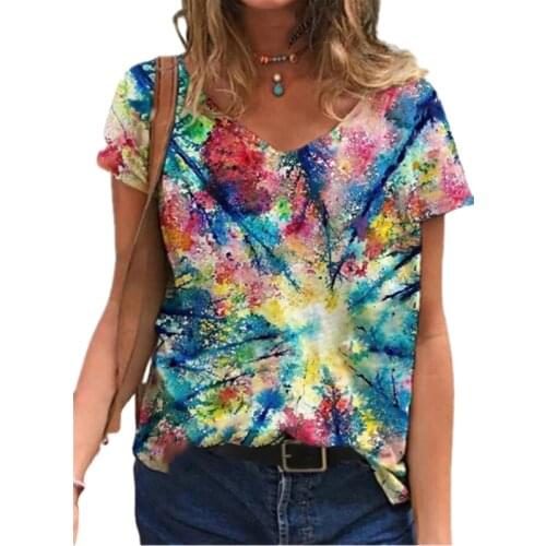 Oil Painting Trees Print Women Summer T Shirt New Casual V-Neck Pullover Tops Tee Ladies Fashion Streetwear Short Sleeve T Shirt
