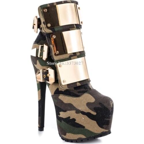 Woman Metal Buckles Platform Ankle Boots Fashion Thin Heel Gold Metal Decor Short Boots Camouflage Color Large Size Autumn Shoes