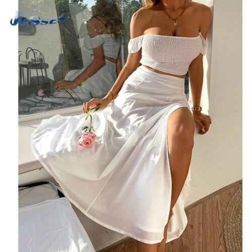 Bohemia Women Skirt Suit Leaf Print Two Piece Beach Set Spaghetti Strap Tube Crop Top + High Split Skirts Sexy Outfit For Party