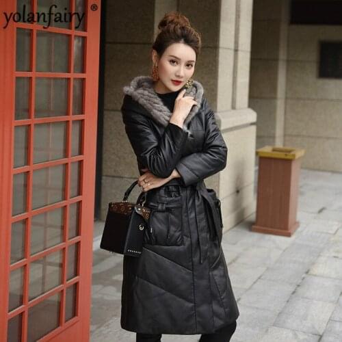 YOLANFAIRY Genuine Leather Down Jacket Women Winter Sheepskin Coat Mink Fur Collar Real Leather Jackets Hooded Long 066 KJ4887