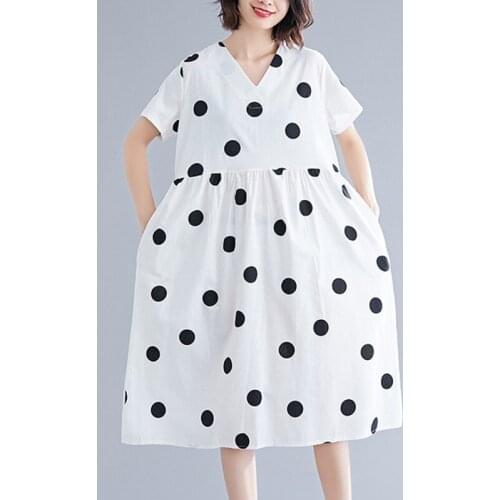 2021 New Arrival Short Sleeve Loose Summer Dress Cotton Linen V-neck Holiday Travel Casual Dress Print Dot Women Vintage Dress