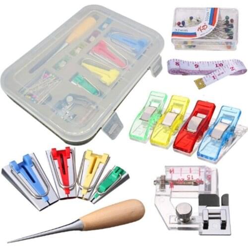 12pcs Fabric Bias Binding Tape Maker Kit Binder Foot Wooden Awl Clips Pins Household DIY Sewing quilting Tools Set Accessories