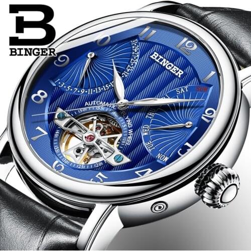 Switzerland Men Luxury Brand BINGER Business Sapphire Water Resistant Leather Strap Skeleton Mechanical Wristwatches Male Clock