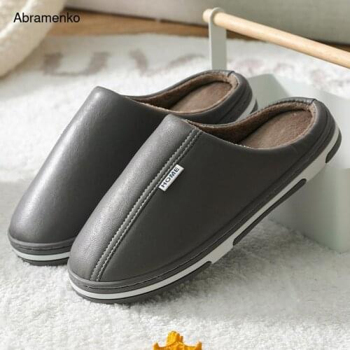 Warm Winter Home Slippers Leather Cotton Non-Slip Thick Warm House Shoes Women Men Slippers Indoor Shoes Flats Plus Size 37-44
