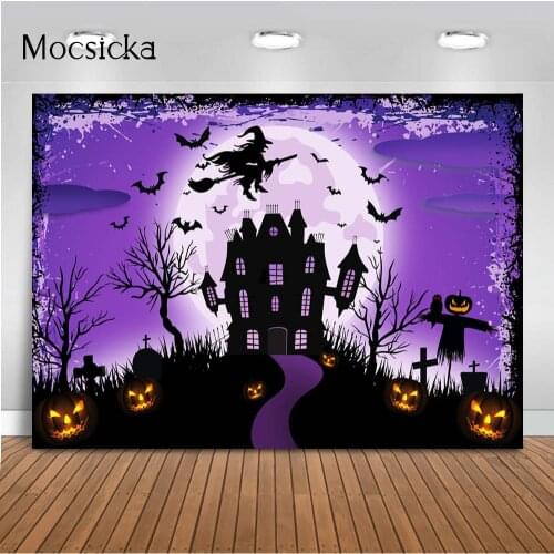 Halloween Backdrop Purple Night Moon Background Bat Castle Devil Pumpkin Happy Halloween Backdrops Magic Witch Background