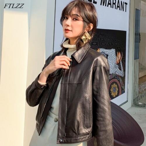FTLZZ 2021 Spring New Women Leather Jacket Lapel Zipper Short Pu Jacket Lady Slim Black Long Sleeve Biker Jacket Coat