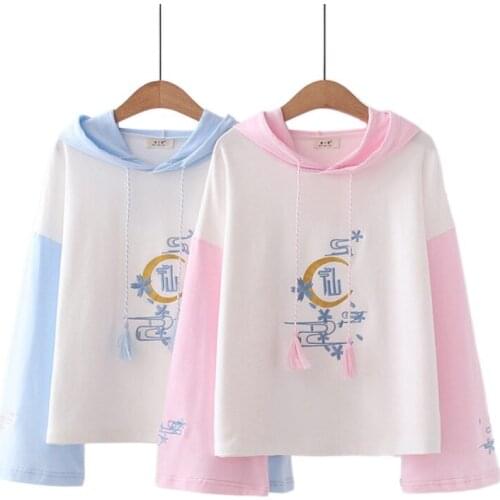 Mori Girl Style Cherry Blossom Embroidery Cotton Hooded Sweatshirt Hoodie Women 2021 Summer Loose Girl Trumpet Sleeve Pullovers