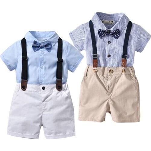 Clothing for Boys Baby Set Birthday Formal Suit Summer Bow Newborn Baby Clothes Set T-shirt Blue Tops+Suspender Pants Outfits