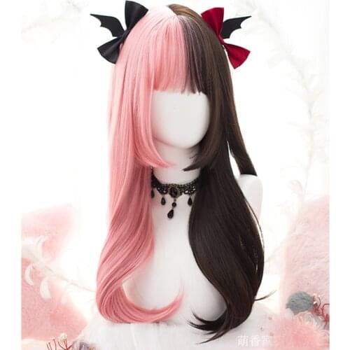 CosplayMix 55CM Lolita Long Straight Party Hair Pink Mix Brown Bangs Cute Synthetic Heat Resistant Cosplay Party Wig+Free Cap