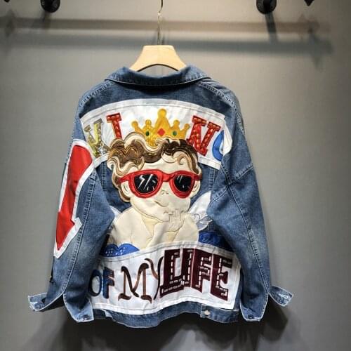 New Denim Jackets For Women Autumn Embroidery Cartoon Pictures Jeans Coat Loose Cowboy Holes Vintage Denim Blue Outerwear R865