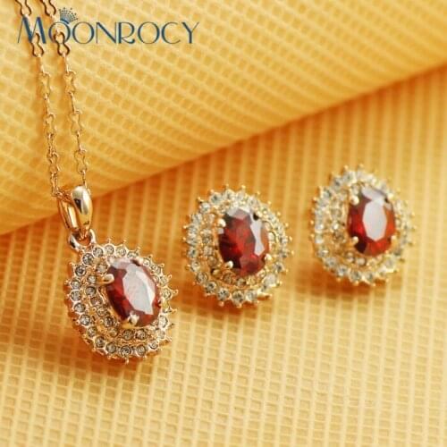 MOONROCY Free Shipping fashion Cubic Zirconia crystal necklace and earrings Red Crystal Jewelry set Rose Gold Color for women