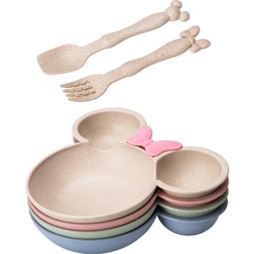 Cartoon Tableware Set Grid Design Wheat Straw Tableware Convenient To Carry Travel Childrens Bowl Set Plate + Spoon + Fork