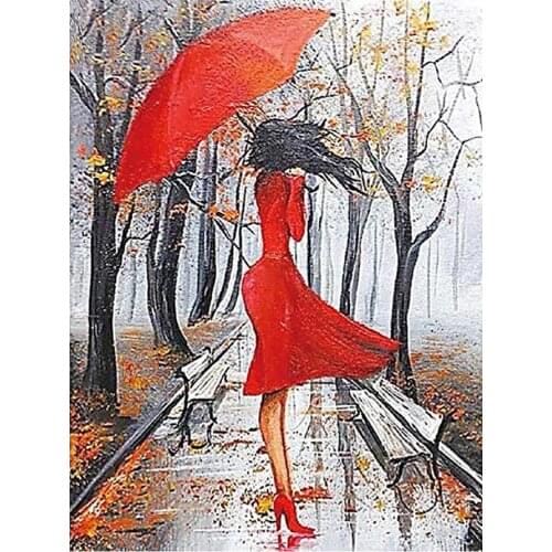 Autumn Red Umbrella Woman Diamond Painting Round Full Drill Portrait Nouveaute DIY Mosaic Embroidery 5D Cross Stitch Home Decor