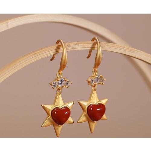 S925 Sterling Silver Southern Red Agate XINGX Earrings Natural Hetian Jade Personality Creative Heart Elegant Earrings for Women