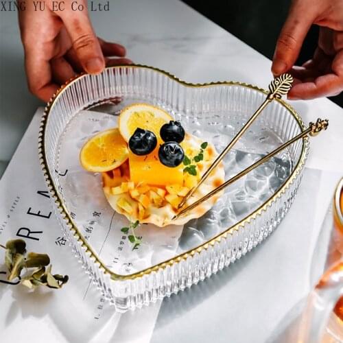 Nordic Gold Rim Glass Plate Heart-shaped Fruit Plate Household Salad Plate Tableware Kitchen Utensils Desktop Decoration Plate