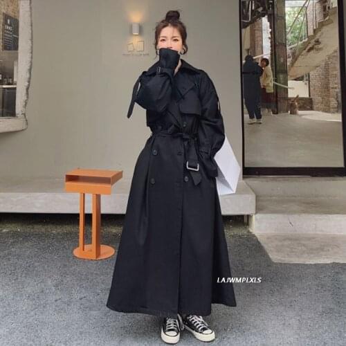 2021 Spring Autumn Womens Black Trench Coat New Lapel Double-Breasted Super Long Korean Loose Office Windbreaker Female