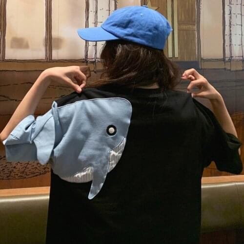 Big Shark Short-sleeved T-shirt Female Street Stitching Half-sleeved Hit Color Round Neck Short-sleeved Top Oversized T-shirt