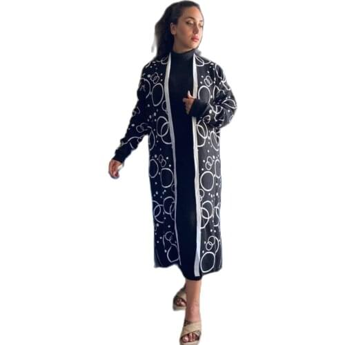 2 Pieces Patterned Knitted Set Maxi Dress and Cardigan Abaya Hijab Dress Muslim Dress Woman Turkey Dubai Aid Moubarek Bat Sleeve