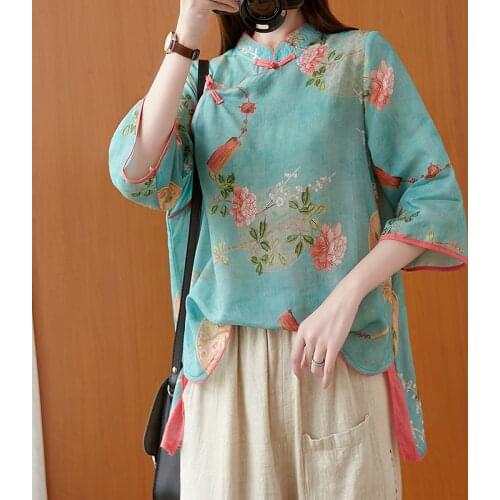 2021 Cotton and linen Tang suit womens autumn new Chinese style print loose three-quarter sleeve tea service T-shirt
