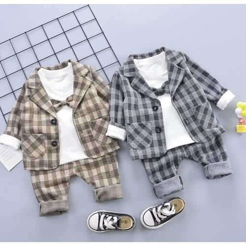 Baby Boys Clothes Handsome Boy Spring Autumn Sport Suits Toddler Boys Clothing Coat+Pant 3 pcs Suits For Kids Clothes Plaid Suit
