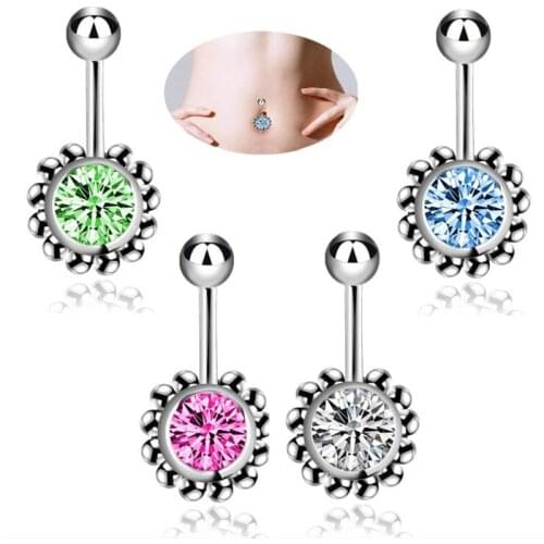 4Pcs/lot New Surgical Steel Crystal Sun Flower Navel Rings Piercing Women Navel Bars Fashion Sexy Belly Button Ring Body Jewelry