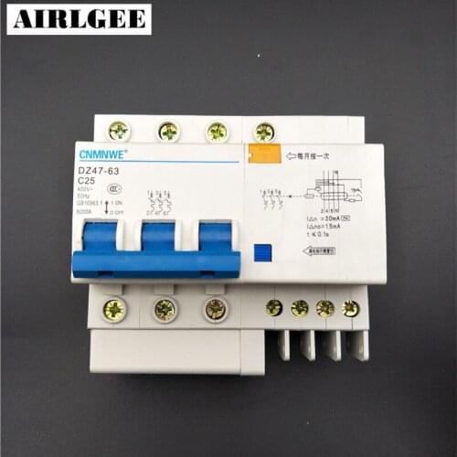 6000A Breaking Capacity DIN Rail 3P+N Earth Leakage Circuit Breaker AC 400V 25A