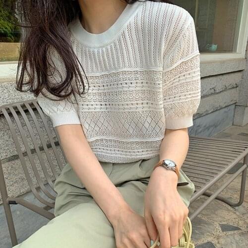 Hollow O-Neck Knitted Blouse 2021 Summer Autumn New Korean Chic Womens Loose Short Sleeve Shirts Tops Crochet White Blusas 15580