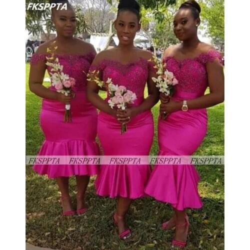 Fuchsia Short Bridesmaid Dresses 2021 New Off The Shoulder Lace Satin Mermaid Maids Of Honor Gowns For Wedding Party Wholesale